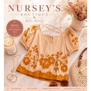 Madewell Embroidered Boho Puff Sleeve Top Cream Orange M NWOT